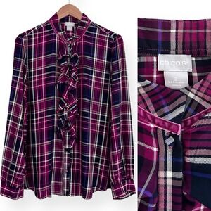Chico's Women Large Purple Multicolor 2 Long Sleeve Rayon Plaid Ruffle Shirt NWT